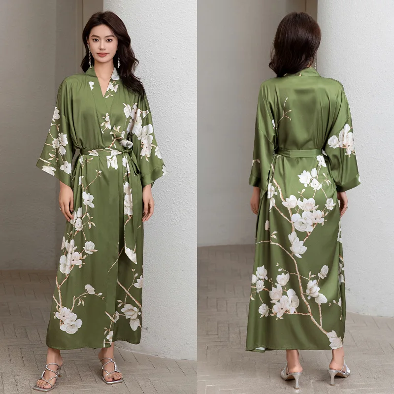 Print Flower Robe Long Bigsize Kimono Bathrobe Gown Women Rayon Sleepwear Loungewear Summer Spring Sleepdress Satin Nightwear