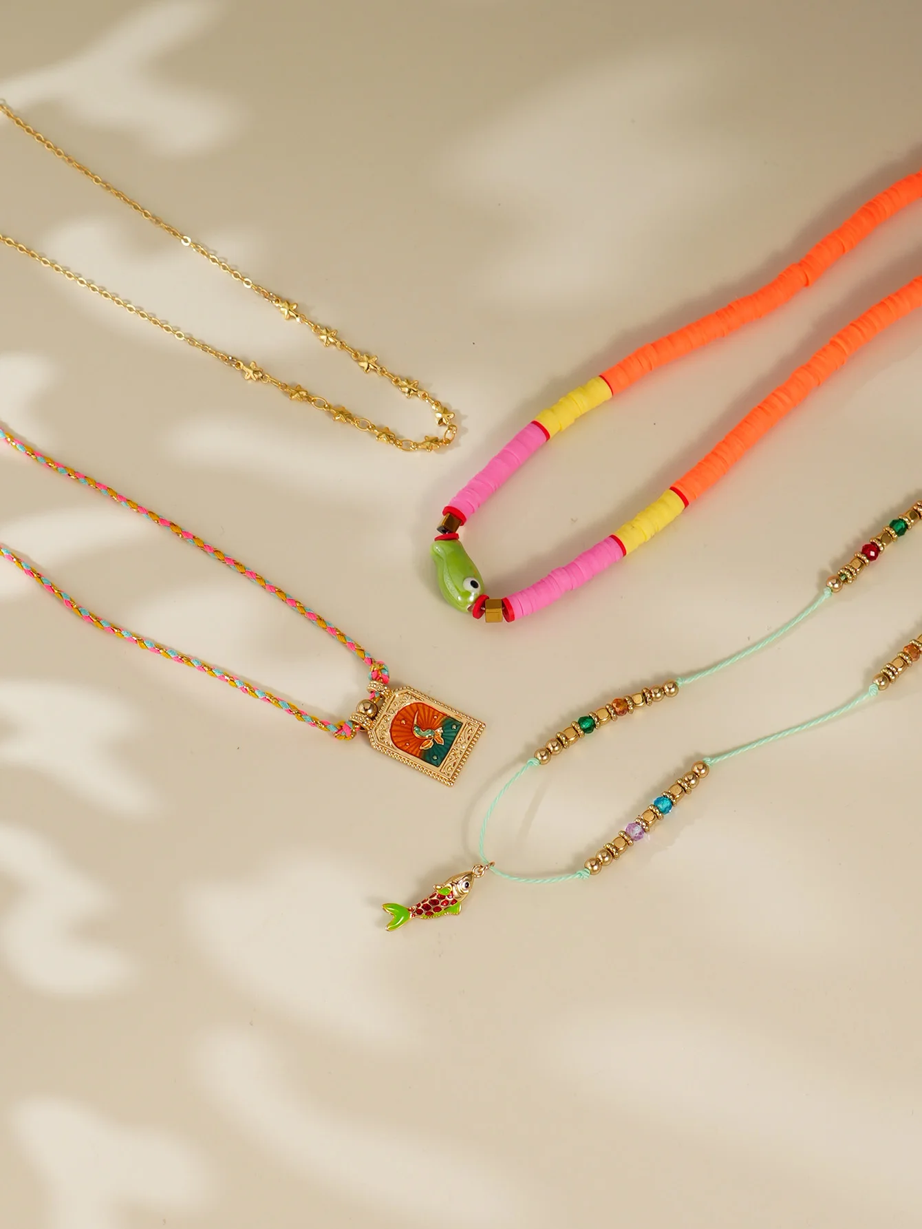 4pcs Bohemian Fish Dopamine Soft Ceramic Beads Adjustable Braided Rope Stacked Necklace Women Beach Vacation Commuting 2