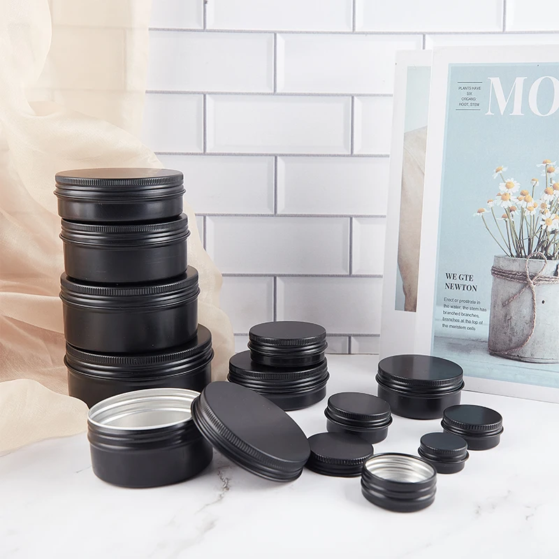 

black empty round aluminum box metal tin cans cosmetic cream DIY refillable jar tea Aluminum Pot