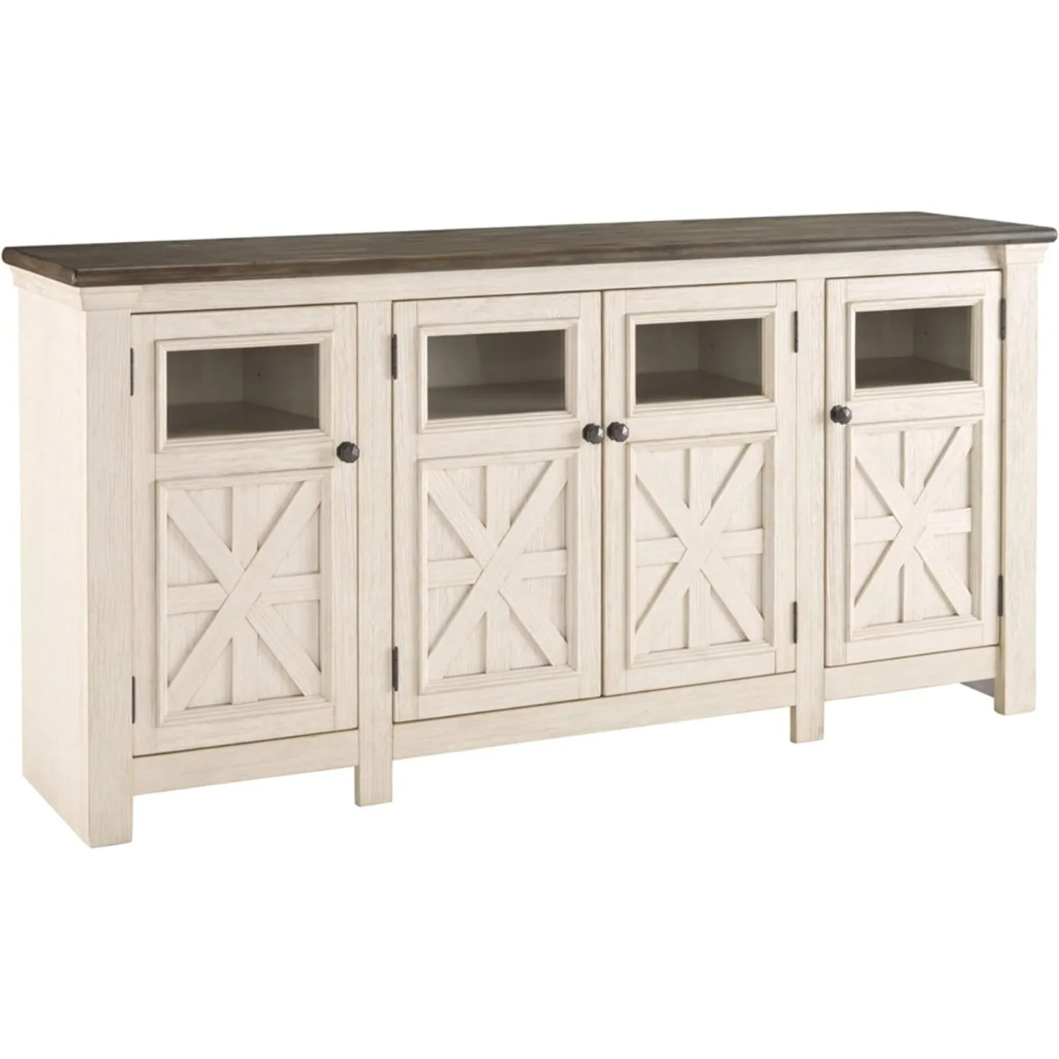 

Design by Two Tone Farmhouse TV Stand, Fits TVs up to 72", 3 Cabinets and Adjustable Storage Shelves, Whitewash