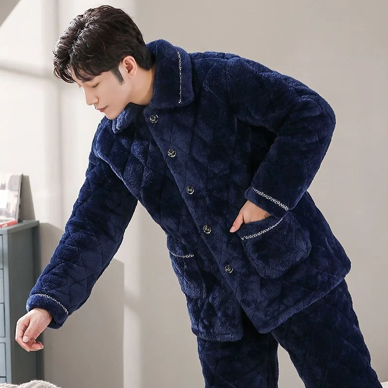 2023 New Pajamas Men's Winter Thick Fleece Coral Fleece Triple Layer Cotton Flannel Nightwear Warm Homewear Set Autumn Sleepwear