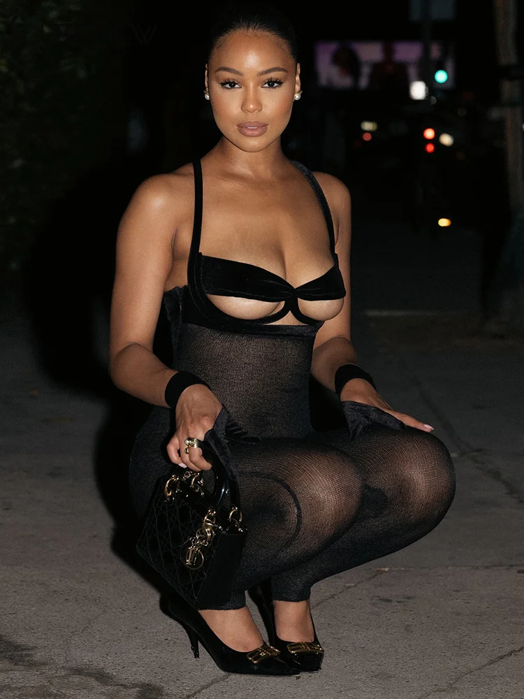 Sexy Hollow Jumpsuits Women Classic Solid Summer Thin See Through Backless Cleavage Body-shaping Overalls Lady Clubwear