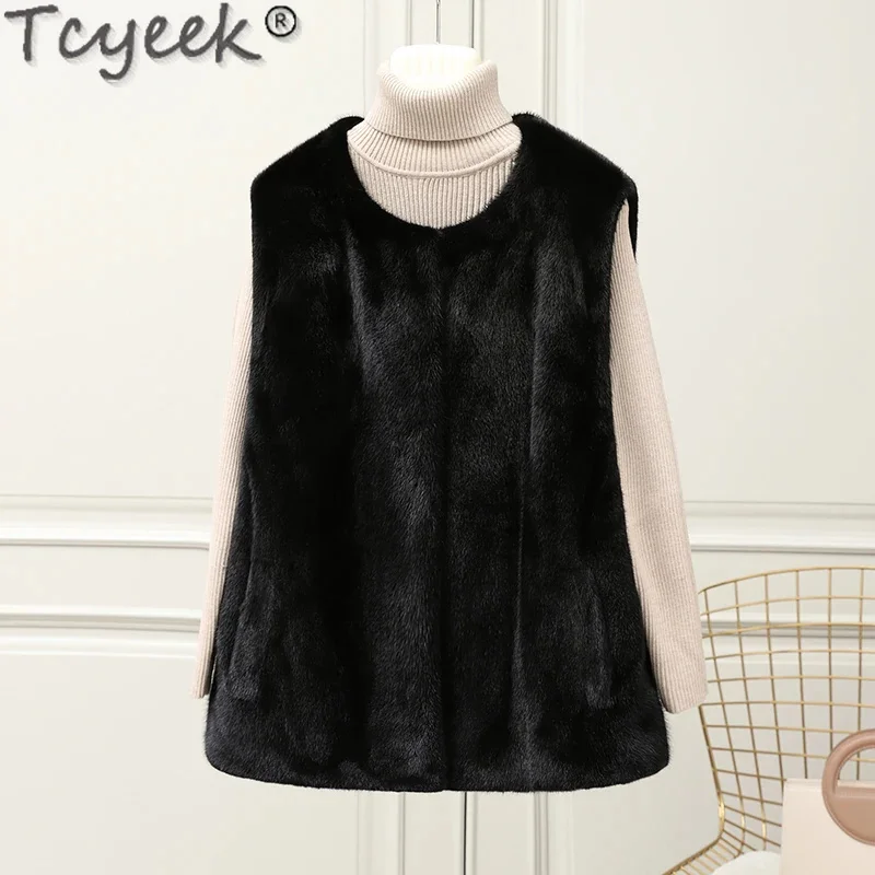 

Natural Tcyeek Vest for Women 2024 Fashion Female Whole Mink Sleeveless Jackets Winter Real Fur Vests Warm Short Style