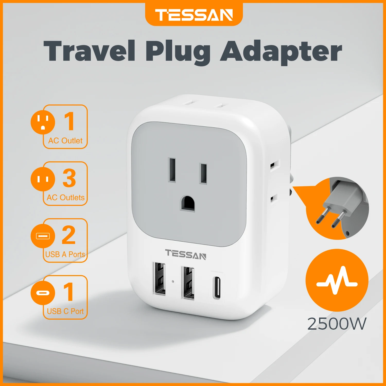 TESSAN EU Travel Plug Adapter with 4 AC Outlets 2 USB A Ports and 1 USB C Port EU Wall Plug Charger with Foldable To Spain