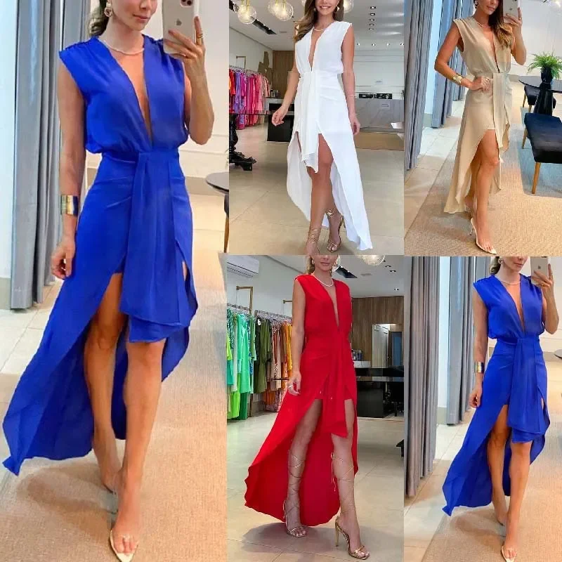 

Women Summer OL Sleeveless Tank Party Dress Deep V Neck Backless Maxi Christmas Vestidos De Fiesta Irregular Sexy Dress