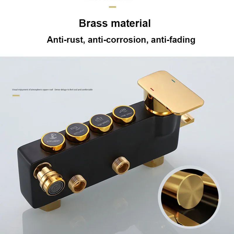 KEMAIDI Black Gold Shower Faucet Set Bathtub  4-way Mixer  Tap with Bidet and Shelf  Bathroom Rainfall Shower Systerm Wall Mount 4