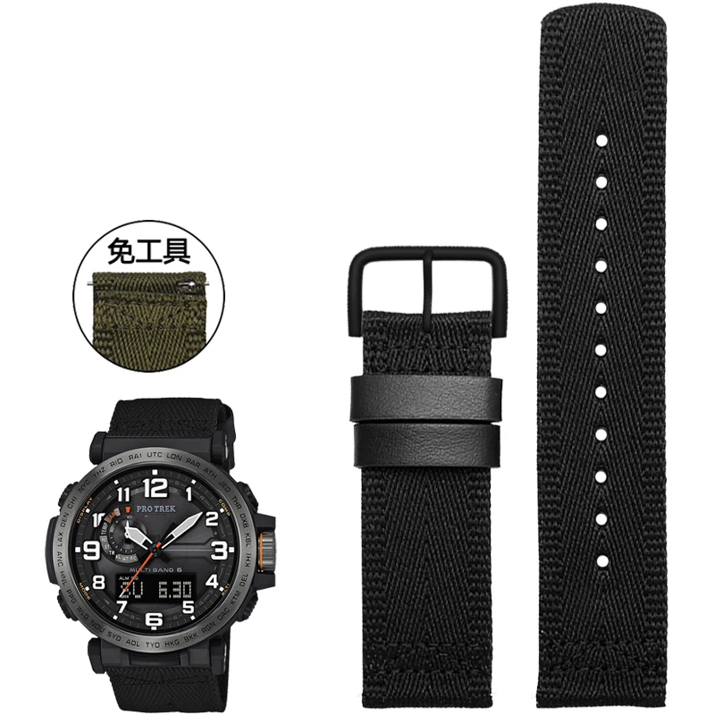 thumbnail image 1 of Correa de reloj de lona de nailon para hombre de la serie Casio PRG-600YB-3 PRG-650 PRW-6600 PRG-600YB, color verde militar, caqui y negro, correa de reloj personalizada de 24", 1 of 5