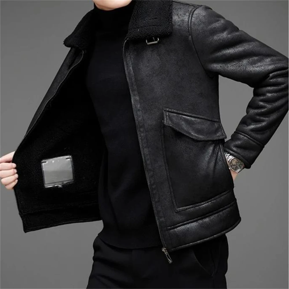 Description Picture 6 of itemJacket Plus Velvet Lapel Thick Warm Fashion 2024 Autumn Winter Men's Suede Boutique Imitation Leather Top Large Size PU Coats