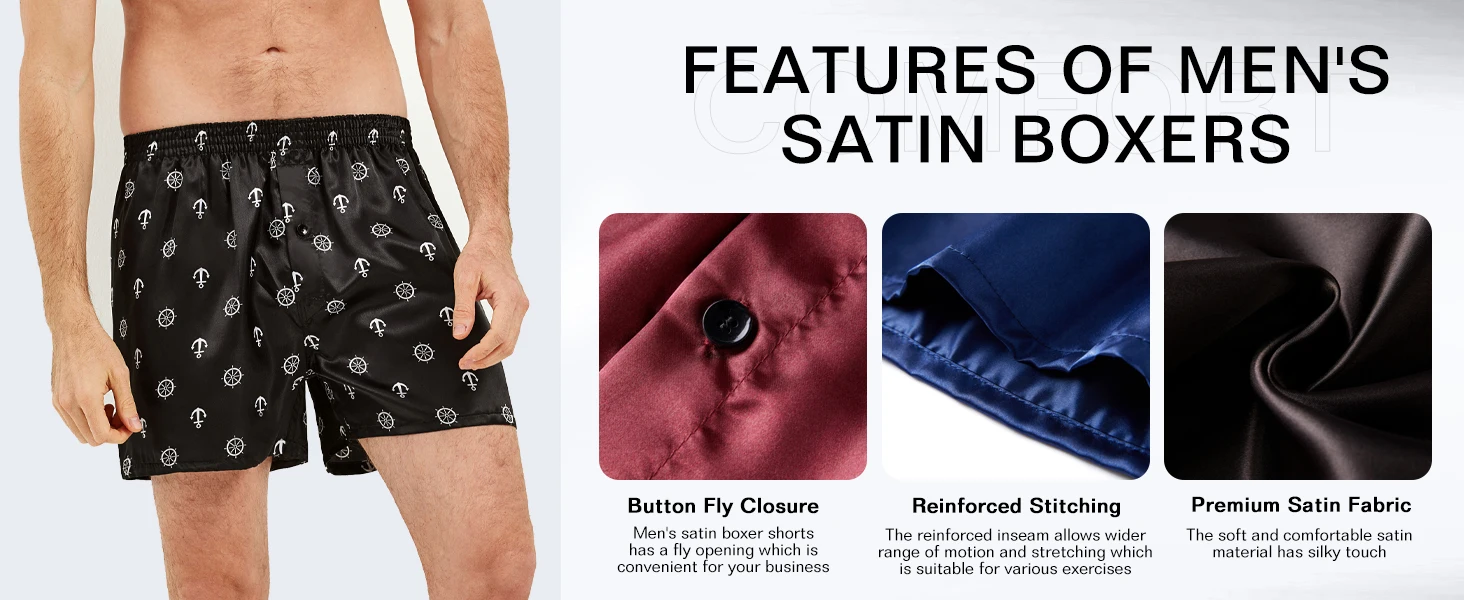 Description Picture 3 of itemJupiterSecret 6 Pcs Mens Satin Boxers Shorts, Silk Feeling Sleep Shorts With Elastic Waistband
