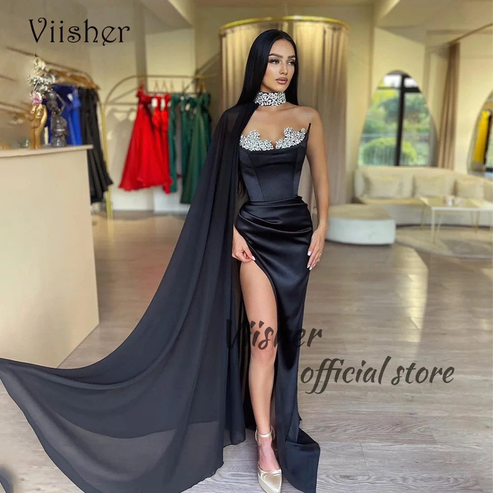 

Viisher Black Mermaid Evening Dresses Pleats Satin Beads Sweetheart Tight Long Prom Party Dress with Slit Formal Evening Gowns
