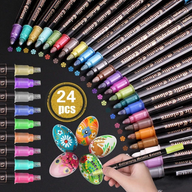 12/24 Colors Metallic Paint Markers Pens Round/Chisel Dual Tip Glitter  Doodle Dazzle Drawing Pens for Easter Egg Stone Art Pen