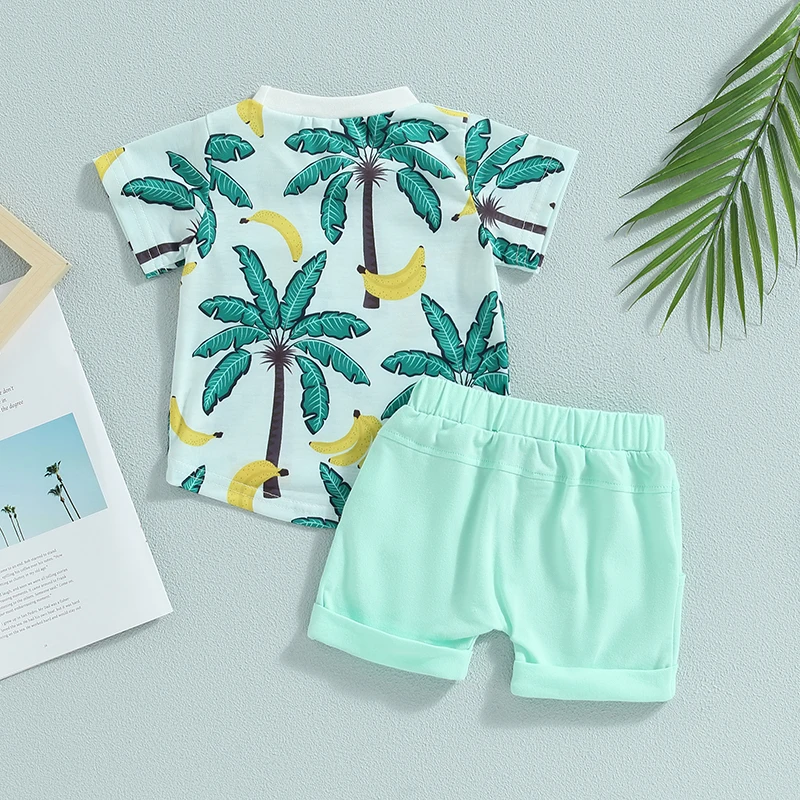 T-shirt à manches courtes et col rond pour bébé garçon de 0 à 3 ans, vêtements d'été, imprimé arbre de plage, 2 pièces, 2023-04-21 veoraitiin