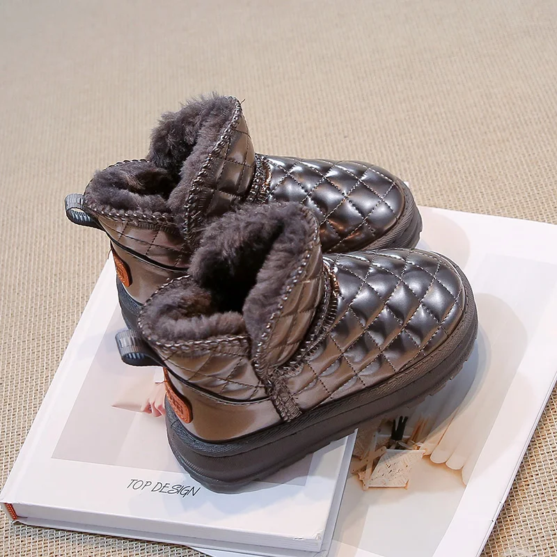 Kinder Winter Leder Hinzufügen Samt Verdickte Wasserdichte Baumwolle Stiefel Junge Weiche Sohlen Schnee Stiefel Einfarbig Karierten Oberen Schuhe – Detail 5