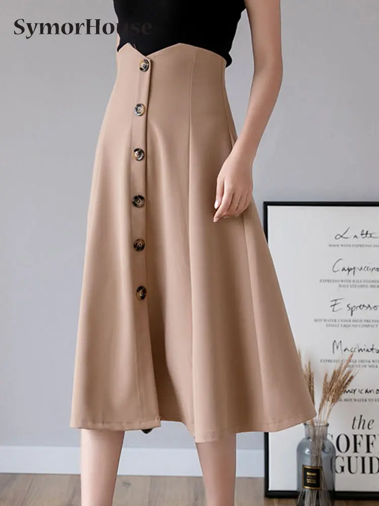 

Spring Summer Vintage High Waist Elegant A-Line Skirt Women Fashion Black Work Wear Office Ladies Single-Breasted Skirts Female