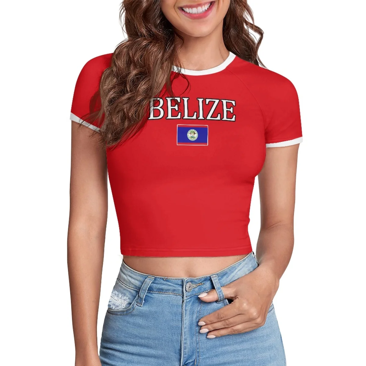 Y2K Crew Neck Ladies Caribbean T Shirts Crop Top Patriotic Fashion Cropped TShirt Tops Custom Belize Flag Color Letters Tee 5