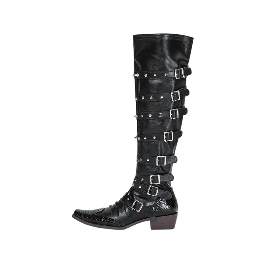 

Fashion Leather Motorcycle Boots For Women,Buckle Knee High Pointed Toe Punk Goth Rivet Boots Winter Street Rock Shoes