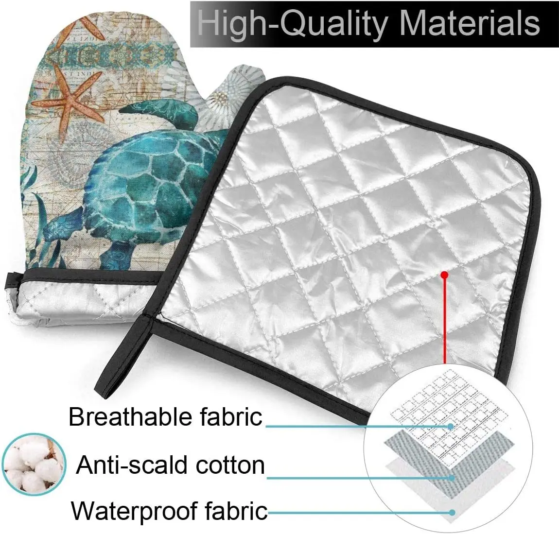 Marine Life Theme Sea Turtle Heat Resistant Hot Oven Mitts & Pot Holders Oven Gloves for BBQ Cooking Baking Grilling