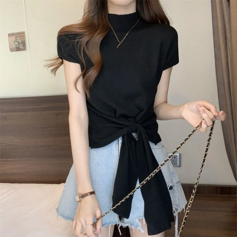 Lace Up Short Sleeve T-shirt Kintwear Chic Y2K Crop Top Women Slim Fit Bottoming Shirt Half High Collar Tees Top Summer