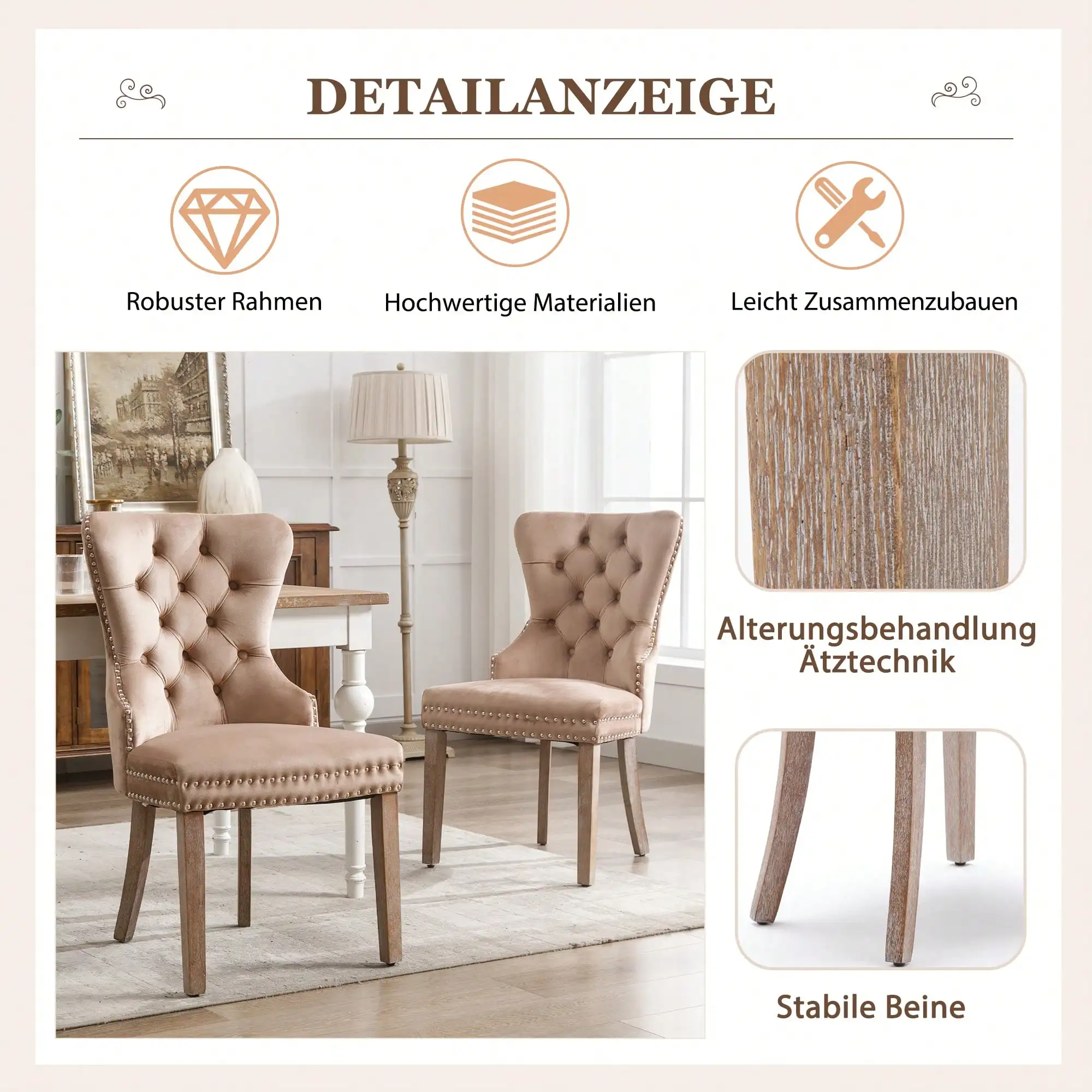 KOMHTOM Esszimmerstühle, 6er-Set, mit Samt gepolsterte Stühle, Küchenstühle, Beine aus massivem Holz, Wohnzimmerstuhl – Detail 4