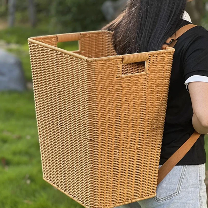 Large Storage Basket Imitation Rattan Vegetable Organizer Tea Picking Market Gathering Backpack Shoulder Strap Storage Bucket 4