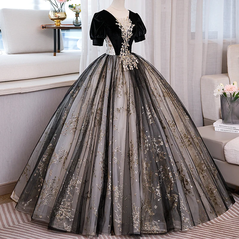 New Vestidos Blackless Short Sleeve Quinceanera Dresses Elegant V-neck Ball Gown Luxury Lace Sequin Party Dress Plus Size