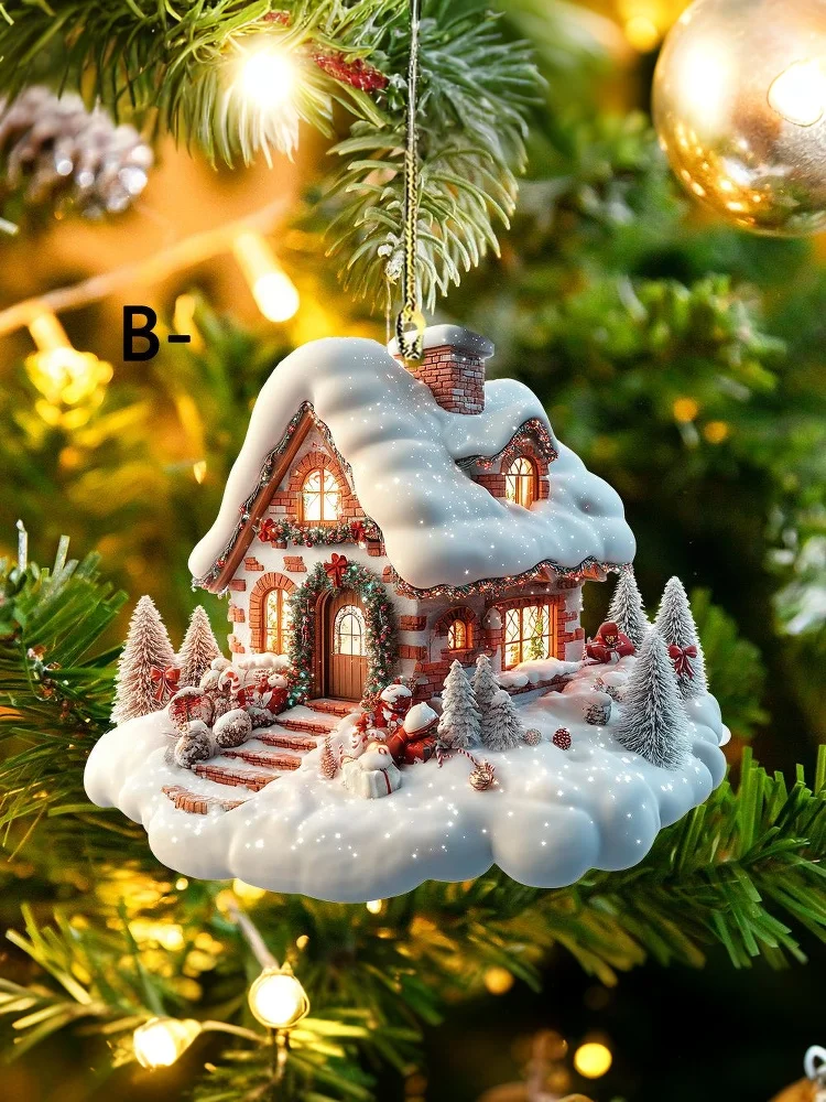 Snow House Christmas Tree Hanging Ornament Holiday Party Decorations For Xmas Tree Pendant 2D Acrylic Flat Christmas Pendant