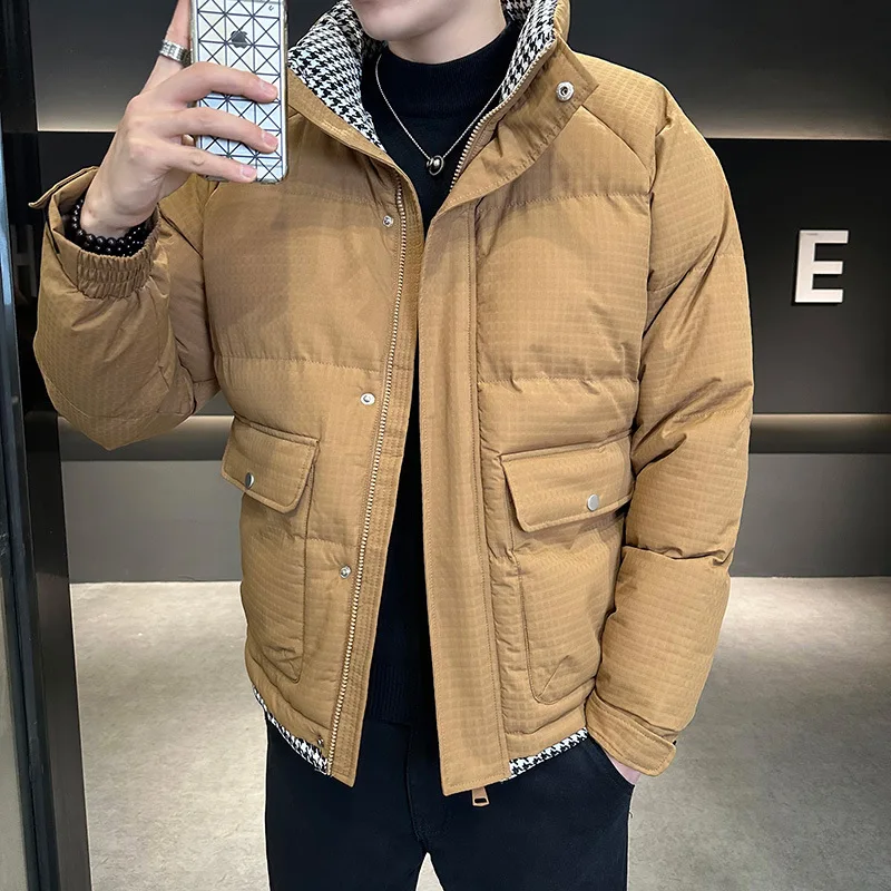 Thick Men's Parkas Jackets Plaid Cotton Jacket Casual Loose Oversized Warm Coats Stand Collar Solid Color Streetwear Winter 2