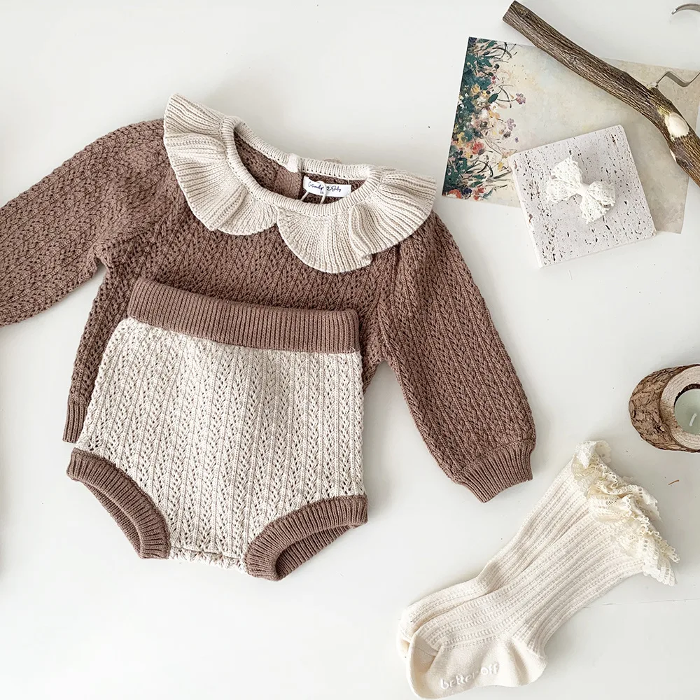 2024 Baby Mädchen Strick pullover Kleidung Sets niedlichen neuen Baby Neugeborenen Kleidung Set Kleinkind Strick pullover und Shorts 2 Stück Strick Outfit – Detail 8