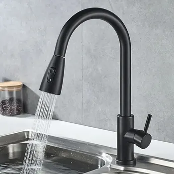 Stainless Steel Lead-Free Environmentally Friendly Kitchen Composite Pull-Out Faucet (Black) With Second Level Water Outlet