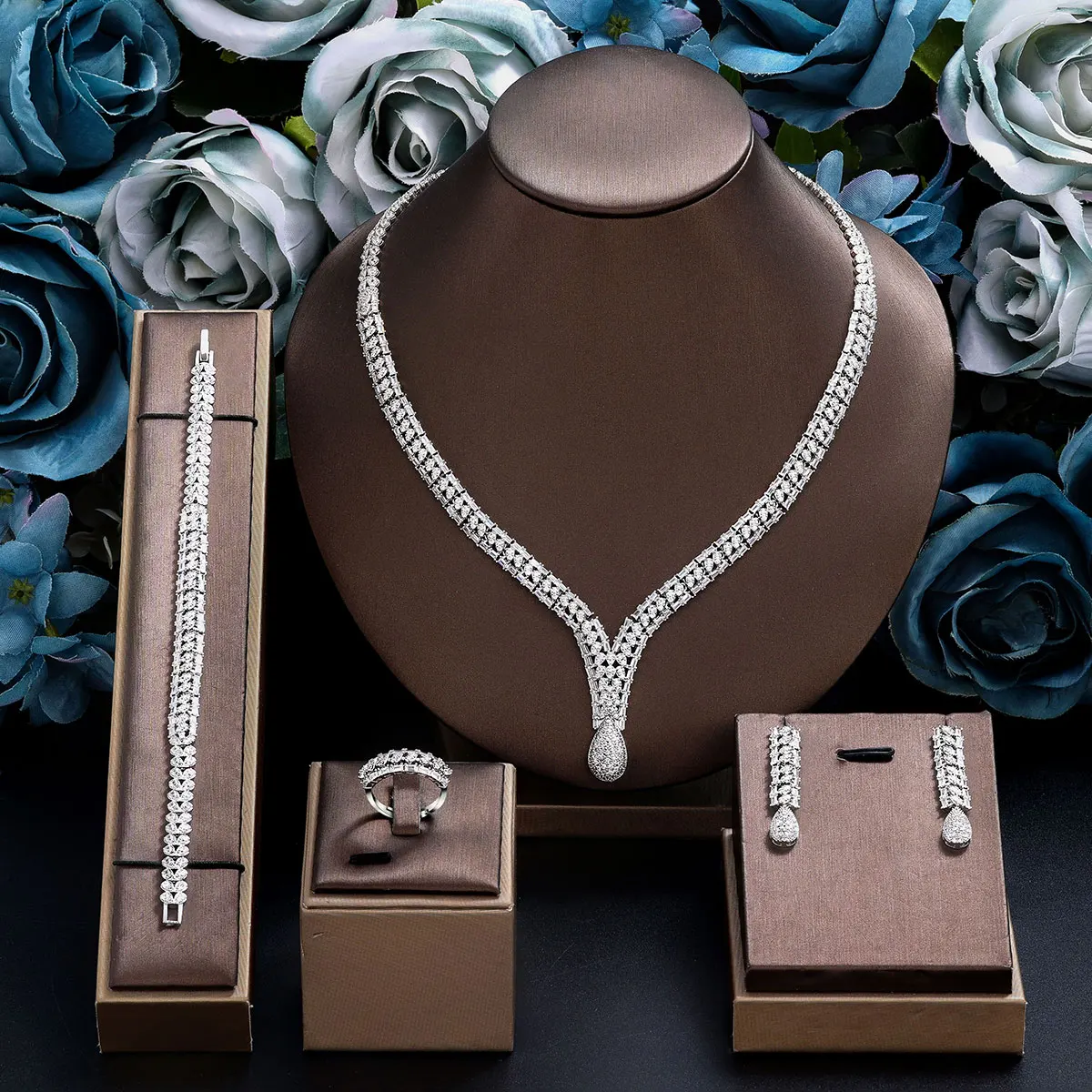 

Nigeria 4pcs Bridal Zirconia Jewelry Sets For Women Party, Luxury Dubai Nigeria platinum plating CZ Crystal Wedding Jewelry Sets