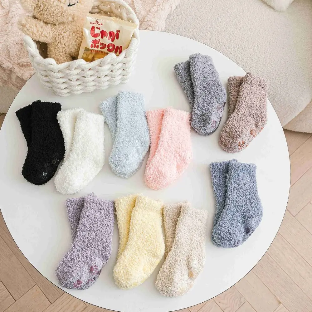 Winter Thickening Coral Fleece Baby Socks Solid Color Cat Paw Non-Slip Sole Socks Infant Learning Walk Socks