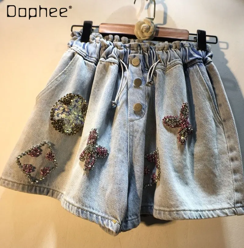 Fashion Rhinestone Beaded Drawstring High Waist Wide Leg Denim Shorts