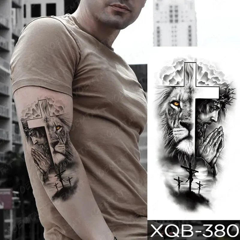 5PCS Waterproof Temporary Tattoos Praying Cross Lion Tiger Wolf Wild Design for Men Women Arm