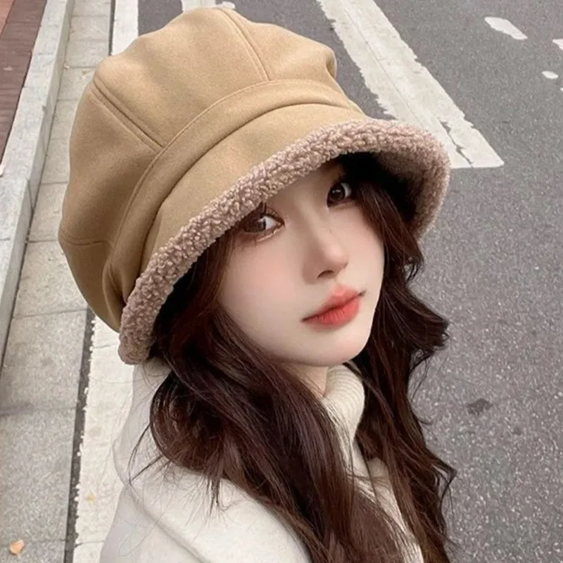 Women Beret Women Hats Winter Retro Velvet Octagonal Thickened Warm Casual Hat