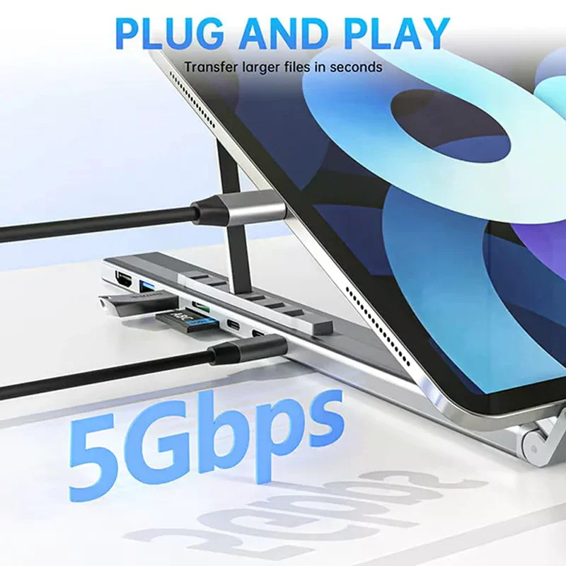 차세대 8-in-1 USB-C 노트북 거치대(도킹 포트 포함), 표준 USB C 도크, 접이식 태블릿 스탠드, 타입-C 즉시 연결 어댑터