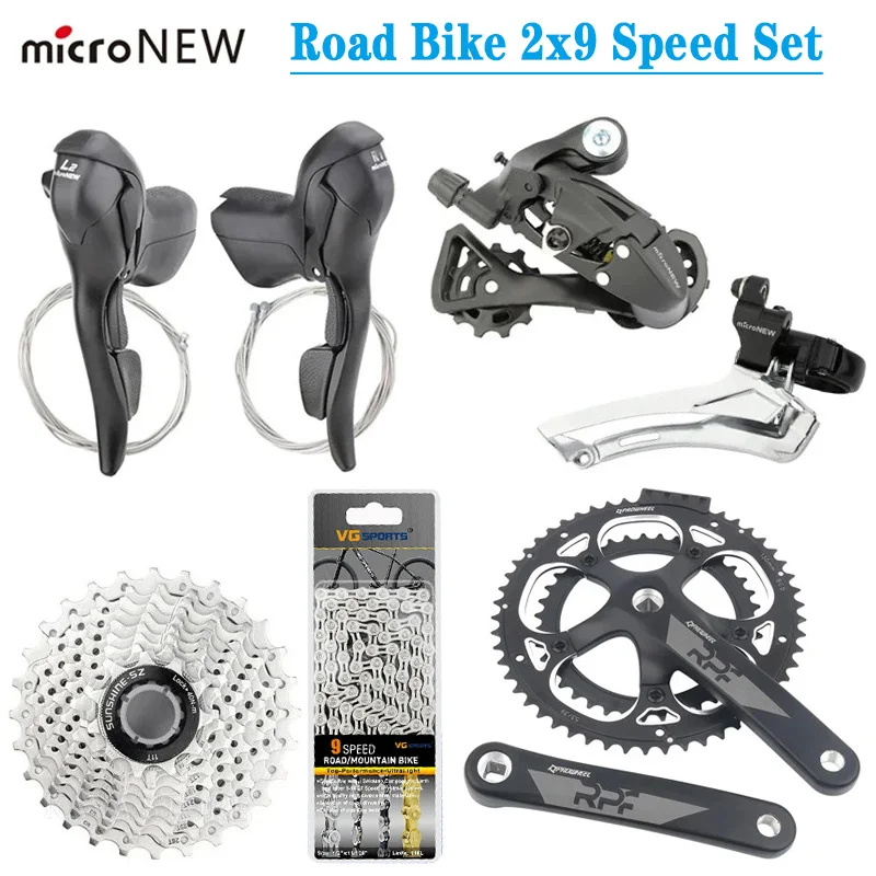 

Road Bicycle 2x9 Speed Groupset MicroNEW Shifter Lever Rear Derailleur With Bike Crankset Cassette 11-28T Flywheel 9S Chain