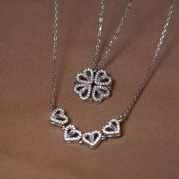 1pc Heart Shaped Four Leaf Clover Pendant Necklace Jewelry Zircon Women Love Clavicle Chain Gifts Openable ChokerJewelry 1