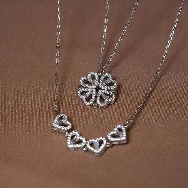 1pc Heart Shaped Four Leaf Clover Pendant Necklace Jewelry Zircon Women Love Clavicle Chain Gifts Openable ChokerJewelry 1