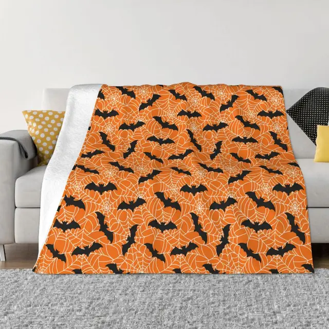 Halloween Trick or Treat Blanket Flannel Web Background Black Bats Cozy Soft Fleece Bedspread