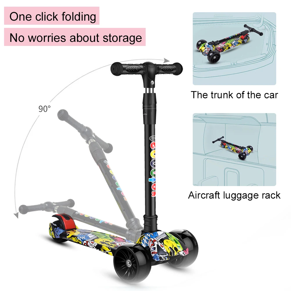 Children's One-pedal Three-wheel Kick Scooter with Wheels glitter Foldable Kickboard Suitable for Kids Ages 2-10 Christmas Gifts