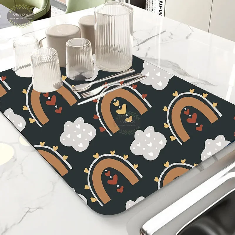 

Cartoon Rainbow Drain Pad Rubber Mat Patterns Super Absorbent Anti-slip Comfortable Soft Gifts Kitchen Decoration Accessories