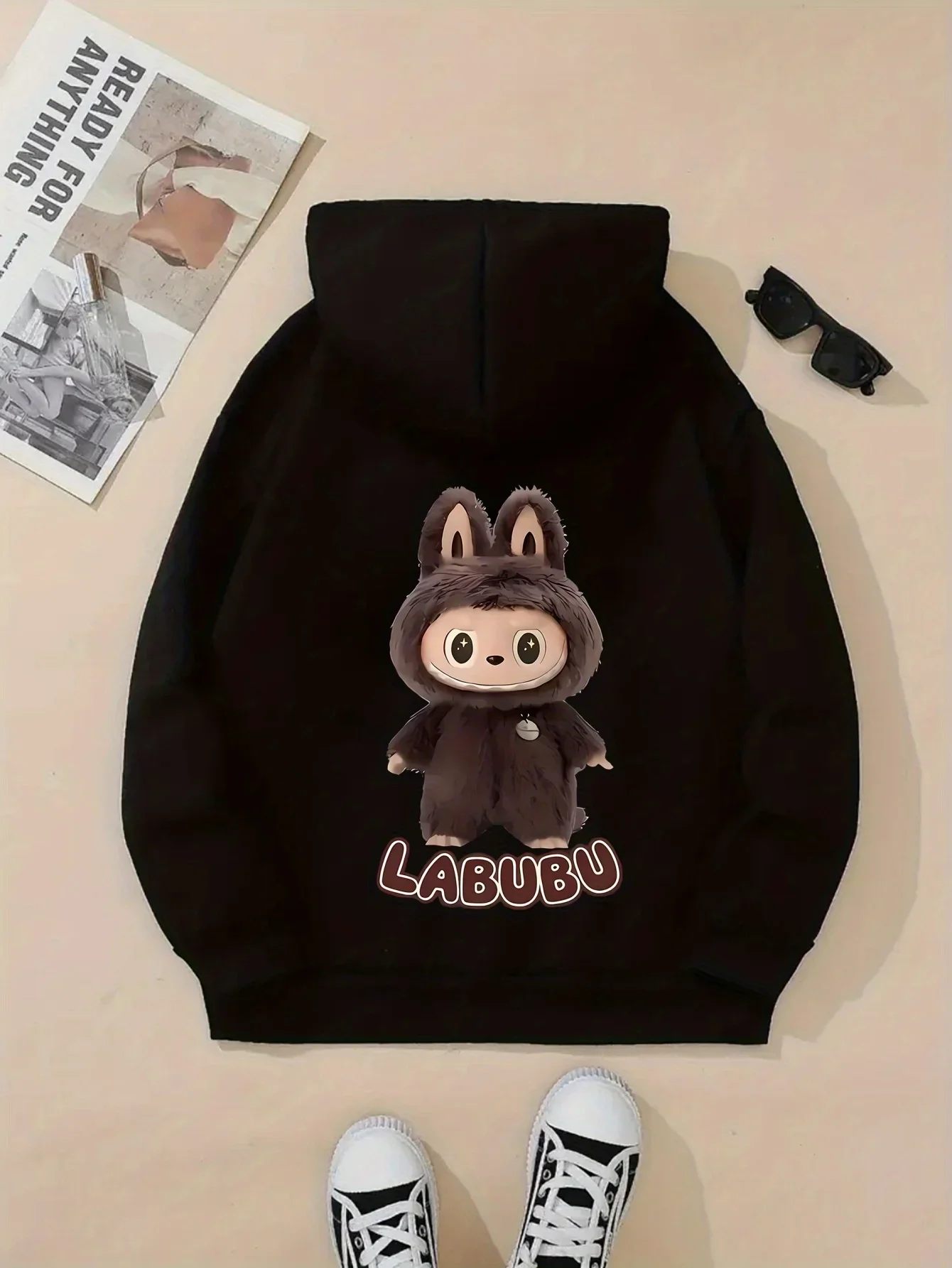 Labubu Cartoon Print Hoodie for Women – Casual Polyester Pullover with Stretch & Alphabet Pattern, Cozy Hooded Sweatshirt 3