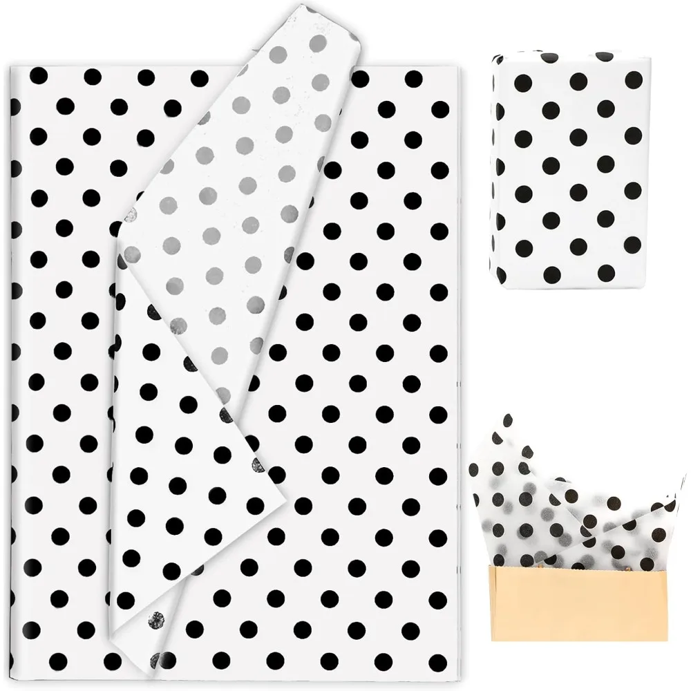 10 Blatt Polka Dot Seidenpapier, Geschenkpapier, weiß, schwarz, Kunstpapier für Geburtstag, Babyparty, Party, Bastelbedarf