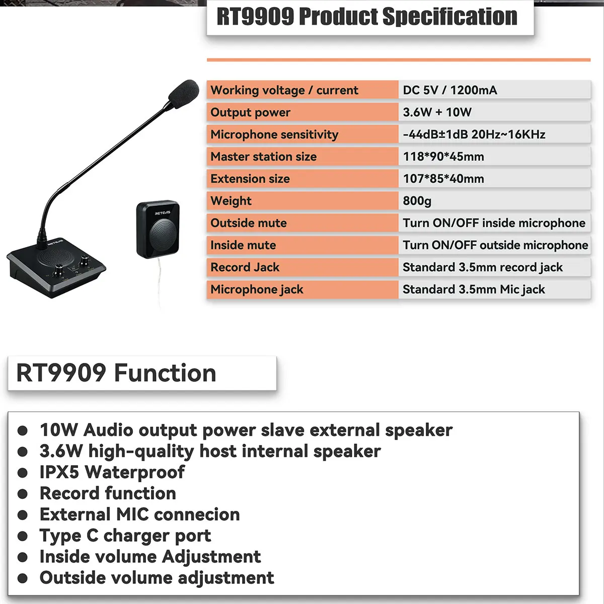 RT-9909 Window Intercom Speaker System Type C Charging Two Way Intercom IPX5 Wat