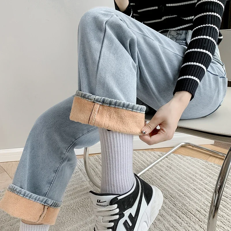 Winter Warm Fleece Wide Leg Jeans Women Vintage Baggy High Waist Denim Pants 2021 Loose Straight Mom Jean Pantalones De Mujer 2