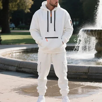New Men's Winter Thick Fleece-Lined Casual Sports Suit - Loose Fit Design, Half-Open Style Of Wearing, Two-Piece Workwear Style - Image 3