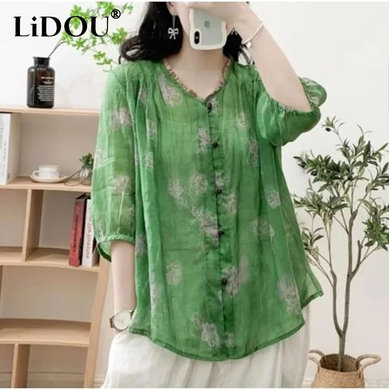 Summer New Vintage Printing Edible Tree Fungus Round Neck Shirt Women Single Breasted Three Quarter Elegant All-match Cardigan