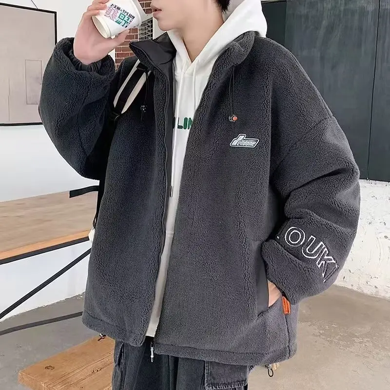 Lamb Cashmere Cotton Coat Men's Winter 2022 New Loose Fashion Coat Hong Kong Fashion Label Stand Neck Drawstring Cotton Coat