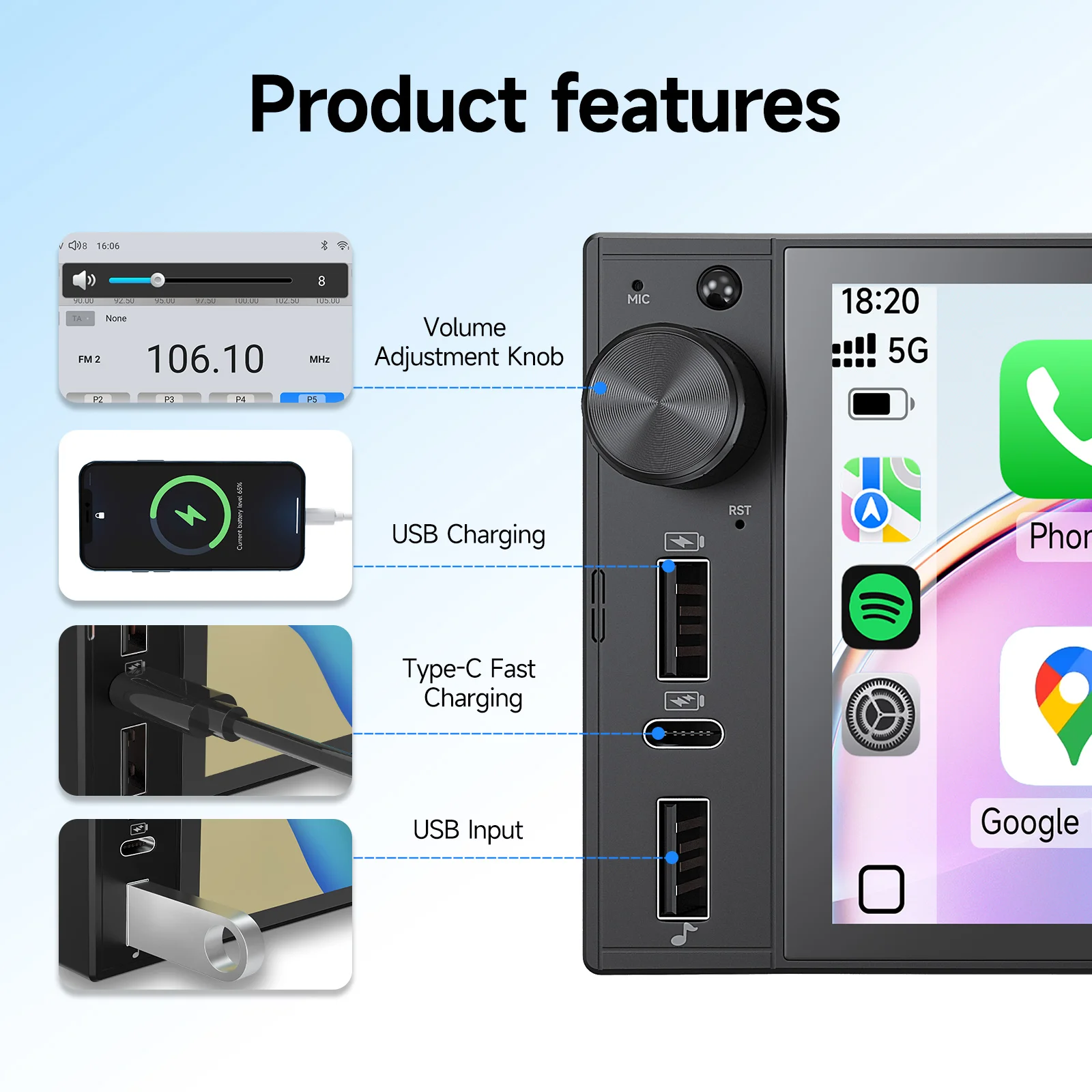 JIUYIN 1Din IPS 6 Inch Wireless Carplay Android Auto Car Radio Multimedia Video MP5 Player Touch Screen Universal Radio Stereo