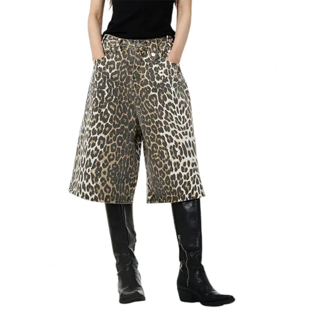 Mid-rise Button Detail Pants Leopard Print Unisex Denim Pants Retro Streetwear Club Trousers for Women Men with Zipper Button